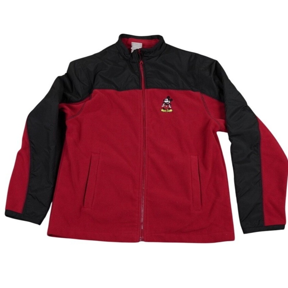 Disney Store Fleece Jacket Mens Medium Red Black Mickey Mouse Full Zip Mock Neck